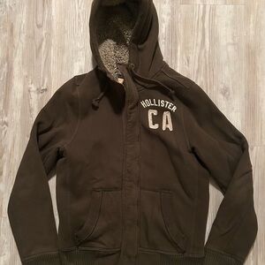 Hollister Men's Redondo Brown Hooded Heavy Jacket with Logo